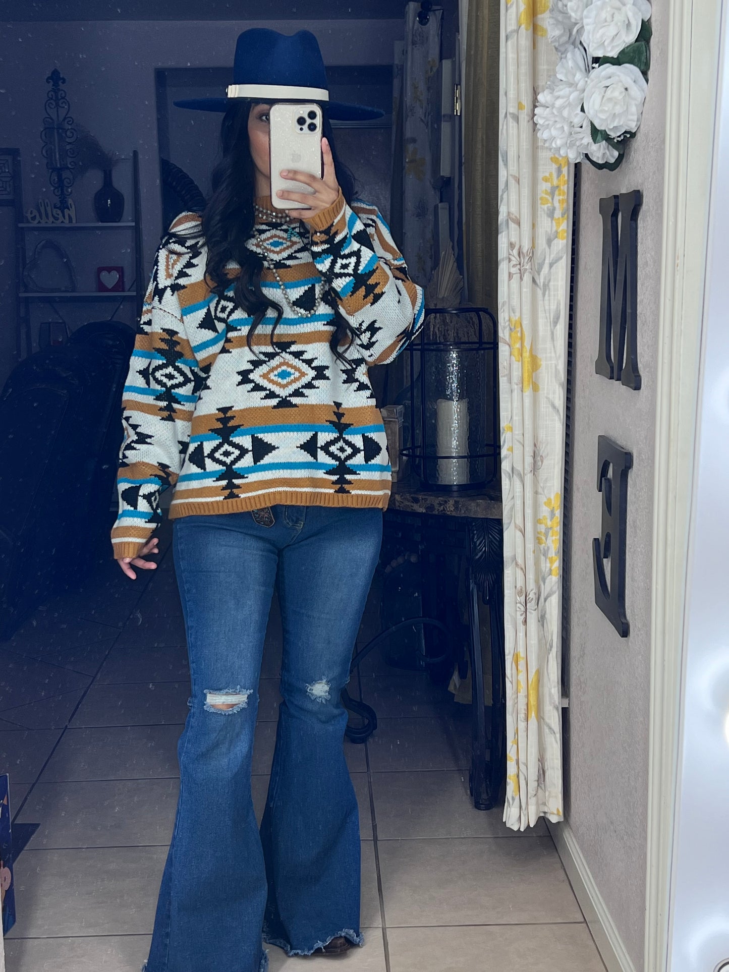 Aztec Ribbed Trim Sweater