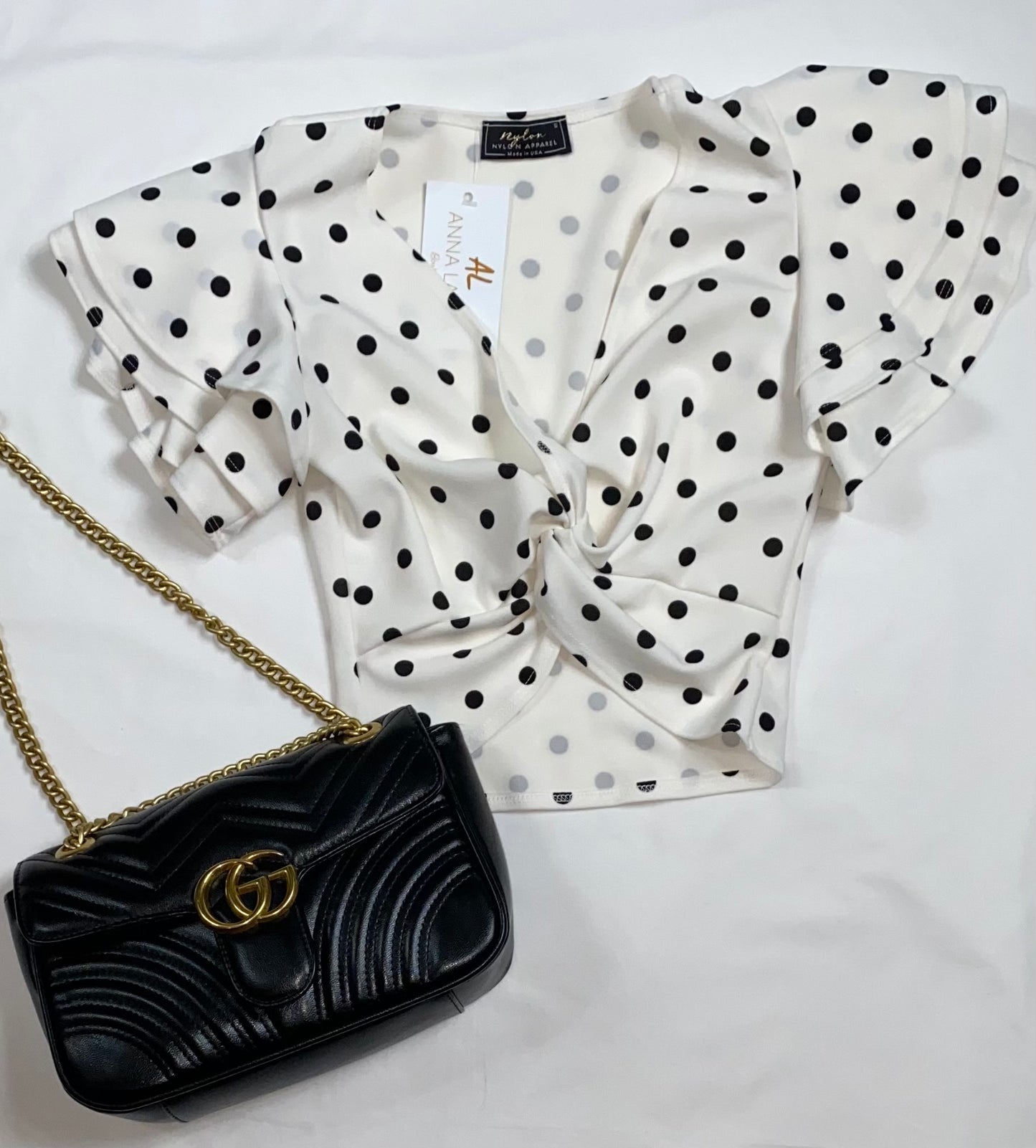 V Neck Polka Dot, Ruffle Sleeve Knot Crop