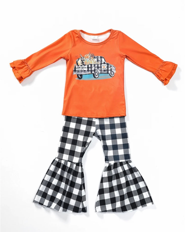 Kids Pumpkin Truck Plaid Top and Bell Set