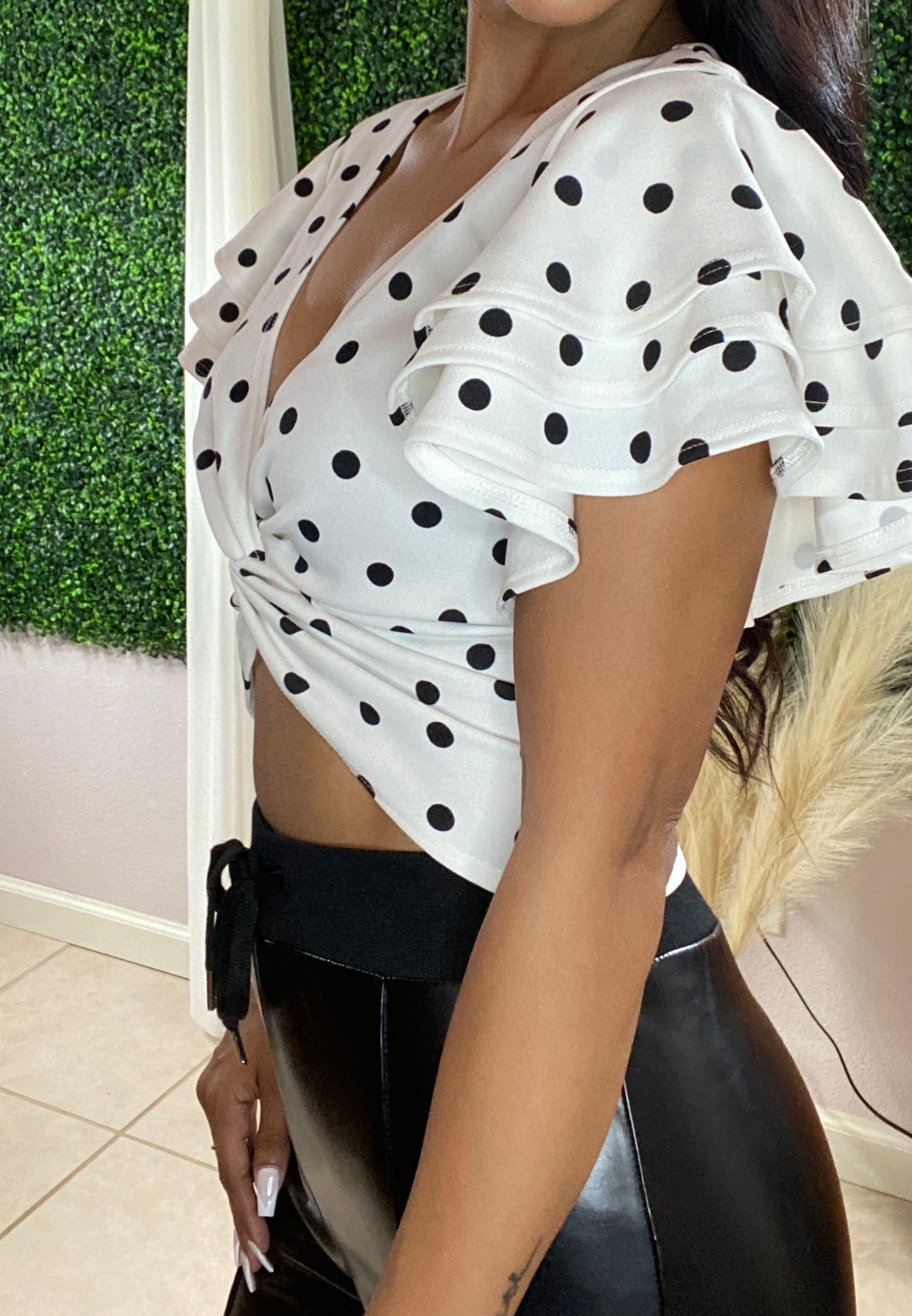 V Neck, Polka Dot, Knot Crop Top 